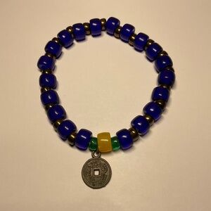 Vintage Blue Beaded Stretch Bracelet / Chinese Cash Coin.